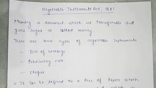 Negotiable Instruments Act  1881Meaningessential elements of Negotiable Instruments Class1 [upl. by Llerrah]