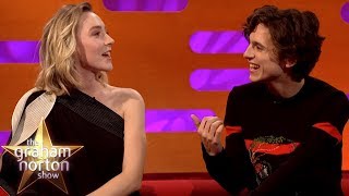 Saoirse Ronan amp Timothée Chalamet Joke About Pronouncing Timothée Chalamet [upl. by Kenway]