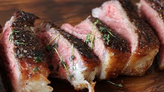 NY Strip Steak With Garlic Thyme Butter Cooked In Cast Iron Skillet [upl. by Eelreveb]