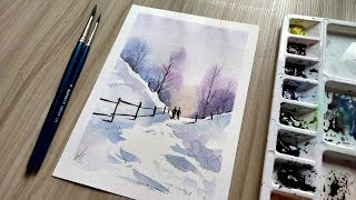 How to Paint A Snowy Winter Landscape  easy watercolor painting for beginners [upl. by Esli597]