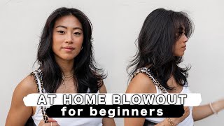 AT HOME HAIR BLOWOUT FOR BEGINNERS  How I Style My Curtain Bangs [upl. by Flanigan]