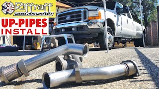 2001 F350 73  RiffRaff UpPipes Install  Stock up pipes leaking and falling apart JUNK SP [upl. by Netsyrk]