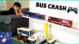 Johny Shows Unboxes New RC City Bus Toy amp Crashes With MTA Buses and Cars [upl. by Aluk937]