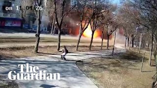 Ukraine CCTV footage shows residential building blast in Kyiv [upl. by Alleunamme]