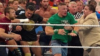 John Cena and Brock Lesnar get into a brawl that clears the entire locker room Raw April 9 2012 [upl. by Wojcik]