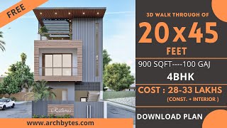 20x45 House Design 3D  900 Sqft  100 Gaj  4 BHK  Modern Design  Terrace Garden  6x14 Meters [upl. by Dleifxam]