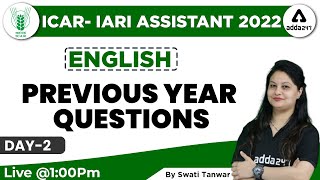 ICAR IARI Assistant Recruitment 2022  English Classes  Previous Year Questions  Day 2 [upl. by Ainomar]